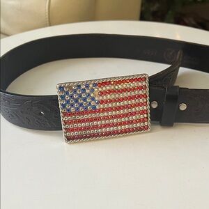 Black Leather Belt with American Flag Buckle